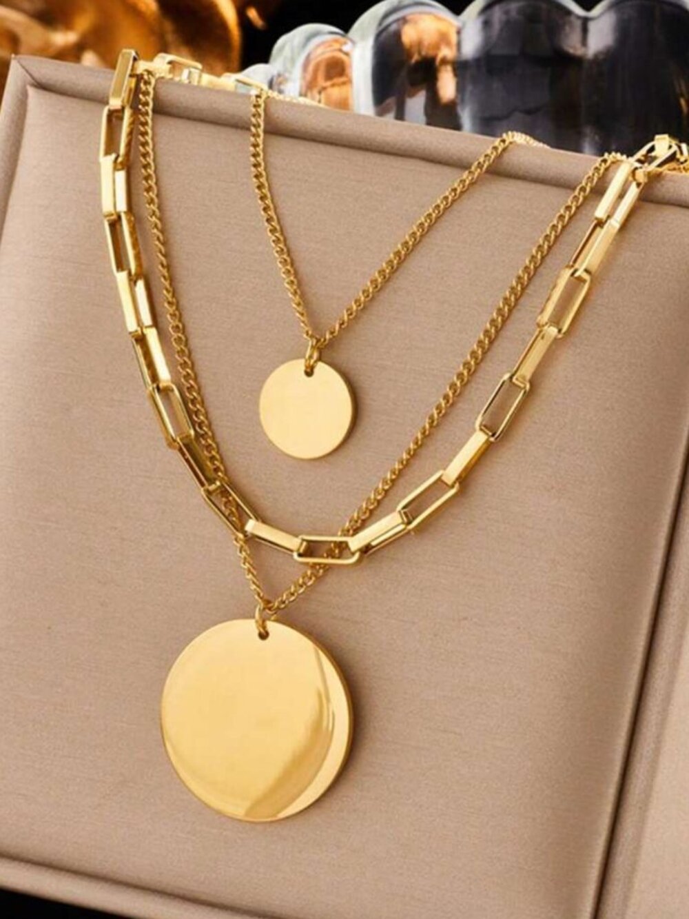 New Stainless Steel Gold Plated Multi-Layer Pendant Necklace - Picture 6 of 7